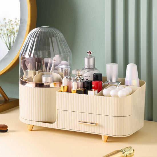 Cream Color Rotating Makeup Organizer Box - Multi-Compartment Cosmetic Storage with Dustproof Cover