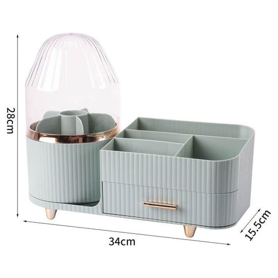 Green Rotating Makeup Organizer Box - Multi-Compartment Cosmetic Storage with Dustproof Cover