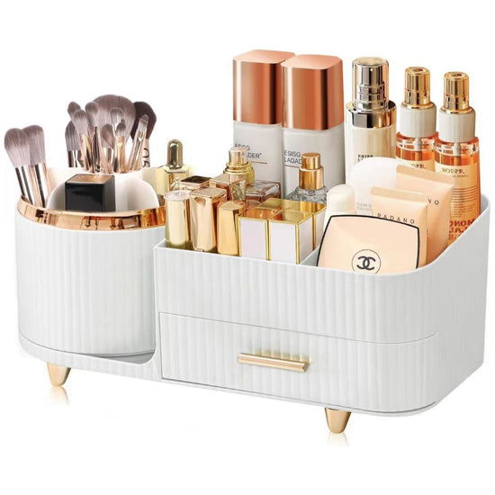 White Rotating Makeup Organizer Box - Multi-Compartment Cosmetic Storage