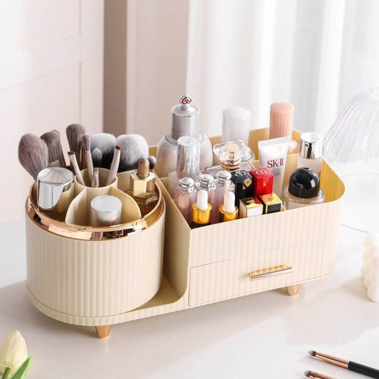 Cream Color Rotating Makeup Organizer Box - Multi-Compartment Cosmetic Storage