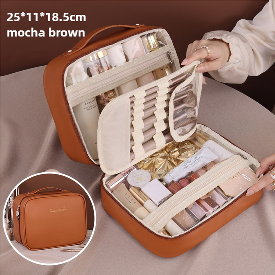 Brown Portable PU Leather Makeup Bag with Detachable Divider - Travel Cosmetic Organizer