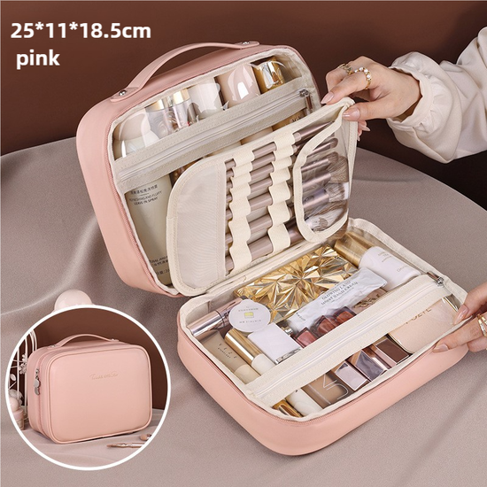 Pink Portable PU Leather Makeup Bag with Detachable Divider - Travel Cosmetic Organizer