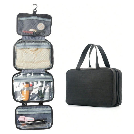 Black Multipurpose Portable Travel Toiletry Bag - Waterproof Cosmetic Organizer with Zipper