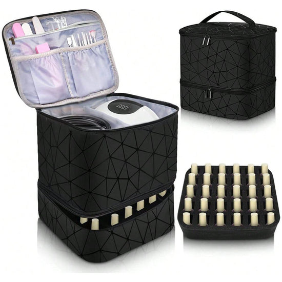 Black Large Capacity PVC Cosmetic Bag - Portable Nail Polish Storage Case with Dividers