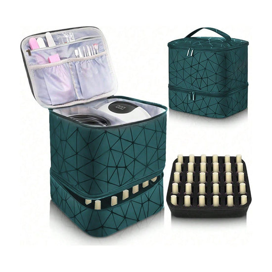 Green Large Capacity PVC Cosmetic Bag - Portable Nail Polish Storage Case with Dividers