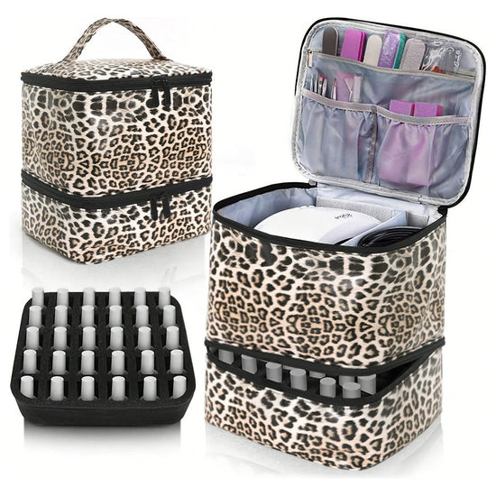 Leopard Double-Layer PU Nail Polish Storage Case with High Capacity for Essential Oils and Nail Lamp - Portable & Adjustable