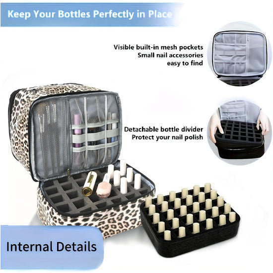 Leopard Double-Layer PU Nail Polish Storage Case with High Capacity for Essential Oils and Nail Lamp - Portable & Adjustable