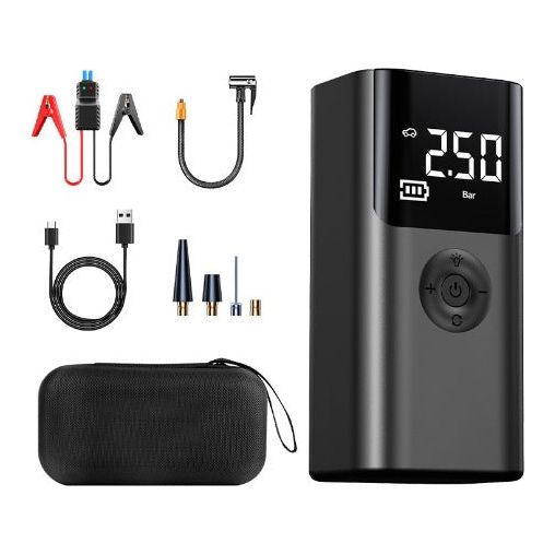 10000 mAh Portable Multifunctional Car Jump Starter & Tire Inflator - All-in-One 12V Device with Phone Charging, LED Lighting, and Pressure Gauge