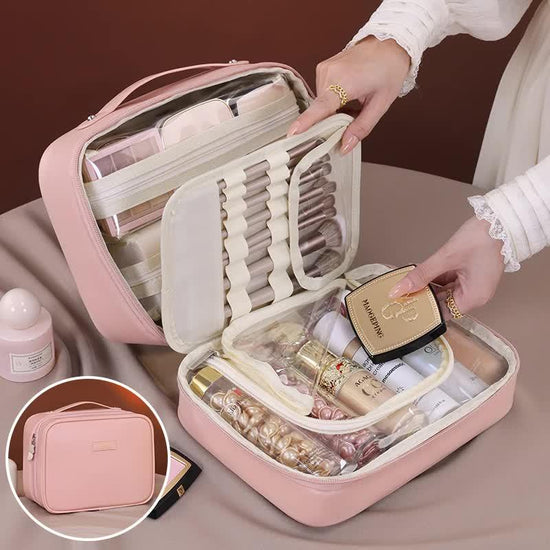 Pink Premium 5-in-1 Multifunctional PU Cosmetic Bag - Spacious Travel Organizer for Makeup, Toiletries, and Cosmetics