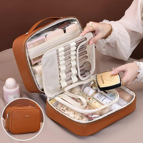 Brown Premium 5-in-1 Multifunctional PU Cosmetic Bag - Spacious Travel Organizer for Makeup, Toiletries, and Cosmetics