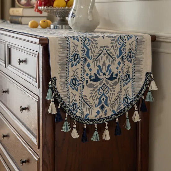 Blue Vintage Bohemian Tassel Table Runner - 40x180cm Decorative Linen