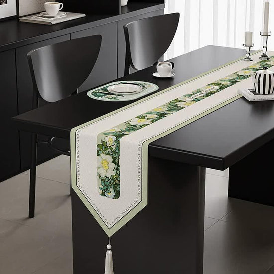 Green Elegant Green Botanical Table Runner with Tassels - 30x180cm