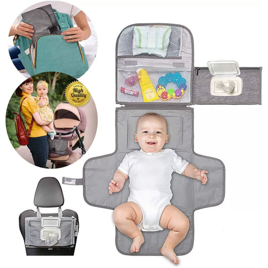 Grey Portable Baby Diaper Changing Pad with Storage Pockets - Travel Essentials for Parents