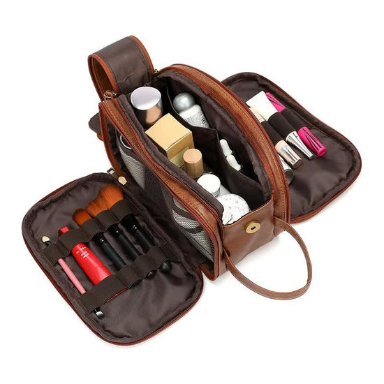 Black Vintage Leather Makeup Bag with Multi-Compartment Organizer - Travel Cosmetic Case