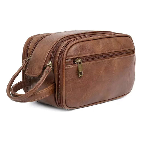 Brown Vintage Leather Makeup Bag with Multi-Compartment Organizer - Travel Cosmetic Case