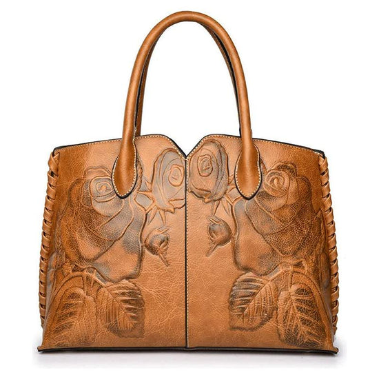 Brown Elegant Embossed Rose Leather Handbag - Vintage Style Tote Bag