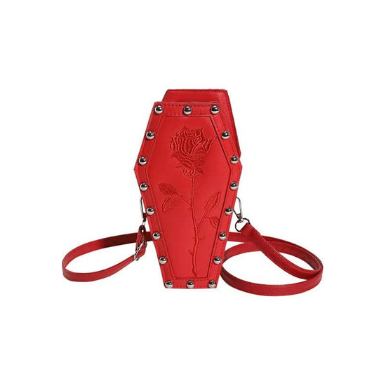 White Gothic Red Coffin-Shaped Crossbody Bag with Embroidered Rose - Unique Fashion Statement