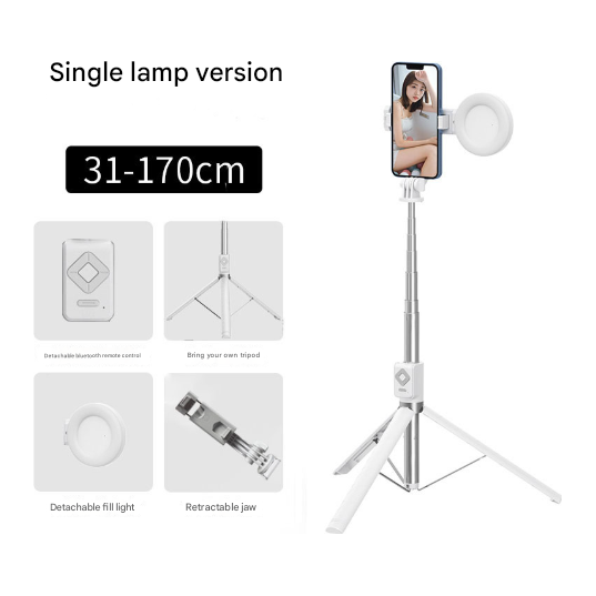 White Single Light 3-in-1 Bluetooth Selfie Stick with Tripod and Remote Control - Adjustable for Smartphones