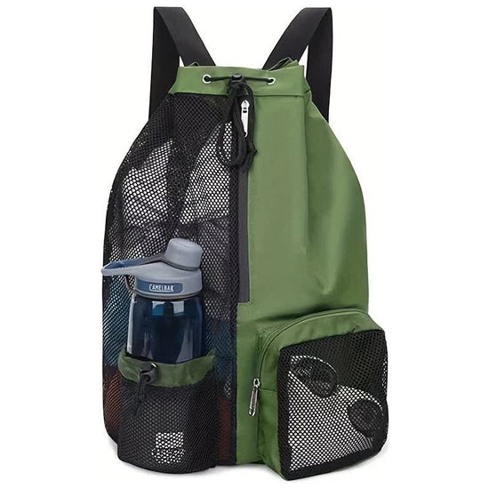 Green Mesh Drawstring Backpack - Lightweight Sports and Beach Bag with Pockets