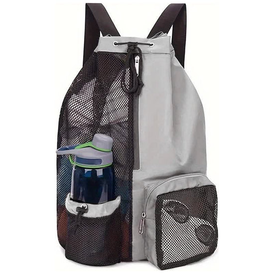 Grey Mesh Drawstring Backpack - Lightweight Sports and Beach Bag with Pockets