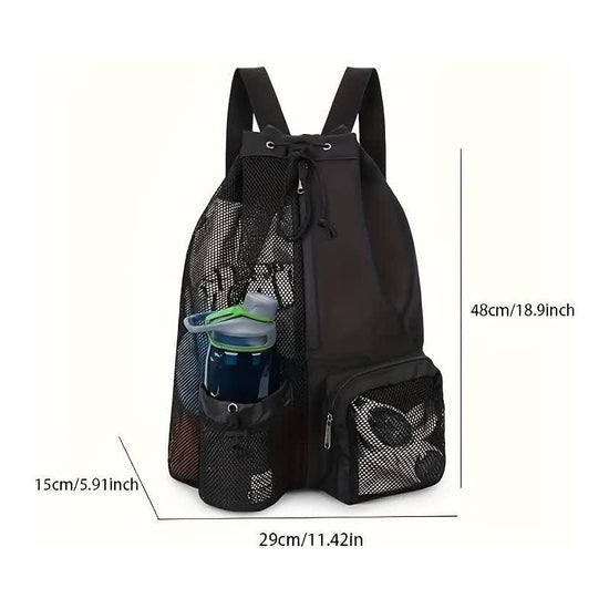 Blue Mesh Drawstring Backpack - Lightweight Sports and Beach Bag with Pockets