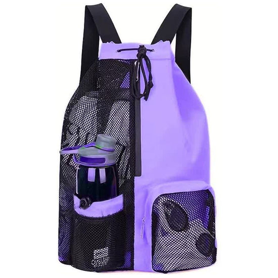 Purple Mesh Drawstring Backpack - Lightweight Sports and Beach Bag with Pockets