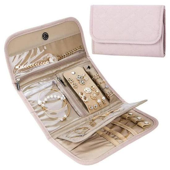 Pink Travel Jewelry Organizer - Compact Roll-Up Storage Bag with Multiple Compartments