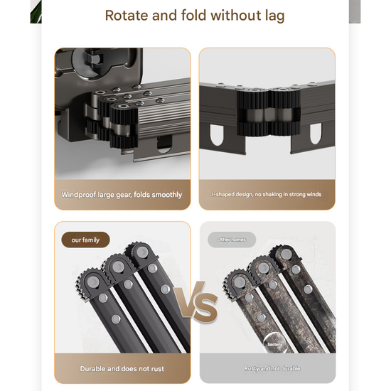 White Wall-Mounted Foldable Clothes Drying Rack - 2-Section Aluminum with 10 Windproof Hooks