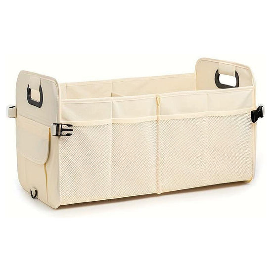 Beige Foldable Car Trunk Organizer - Multi-Compartment Storage Box with Handles