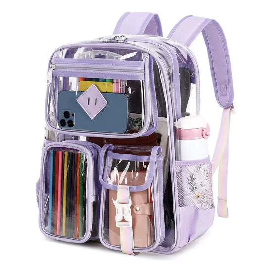 Purple Clear Transparent Backpack - Stylish PVC School Bag with Multiple Pockets