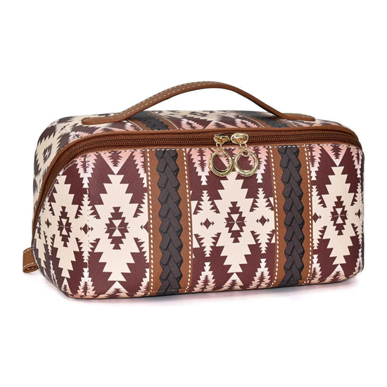 Brown Boho Travel Cosmetic Bag - Large Waterproof Makeup Organizer with Handle