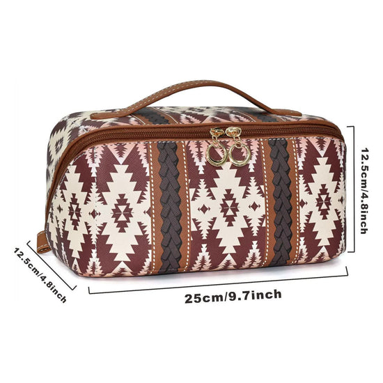 Brown Boho Travel Cosmetic Bag - Large Waterproof Makeup Organizer with Handle