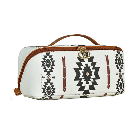 White Boho Travel Cosmetic Bag - Large Waterproof Makeup Organizer with Handle