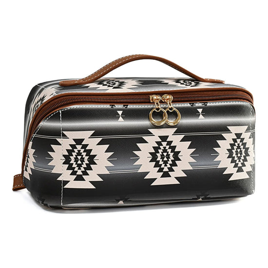 Black Horizontal Pattern Boho Travel Cosmetic Bag - Large Waterproof Makeup Organizer with Handle