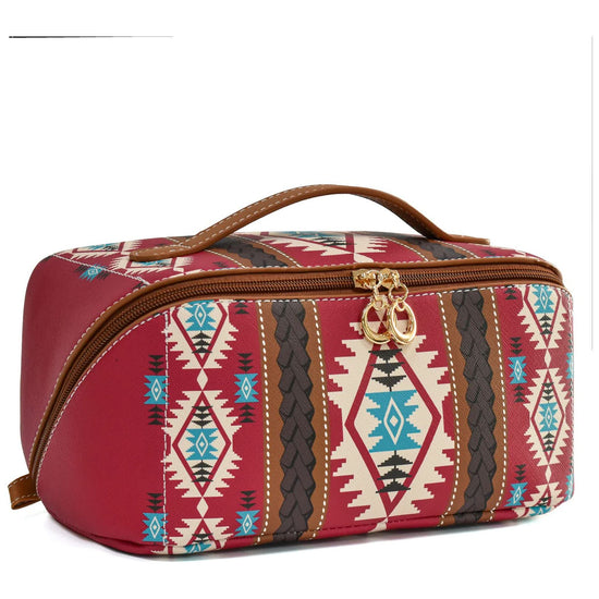 Red Horizontal Pattern Boho Travel Cosmetic Bag - Large Waterproof Makeup Organizer with Handle