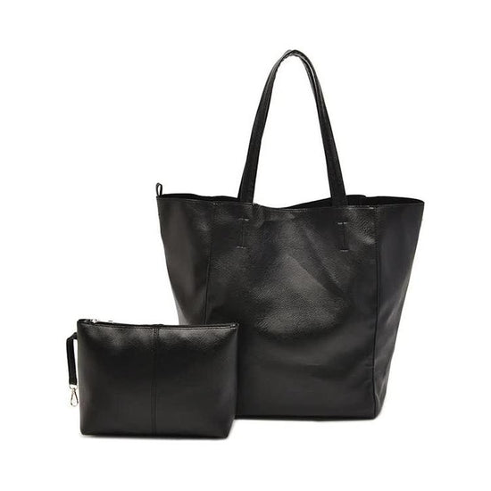 Black Classic Large PU Leather Bag with Inner Pouch - Elegant and Functional
