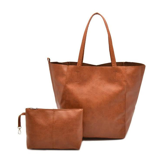 Brown Classic Large PU Leather Bag with Inner Pouch - Elegant and Functional