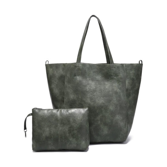 Grey-green Classic Large PU Leather Bag with Inner Pouch - Elegant and Functional