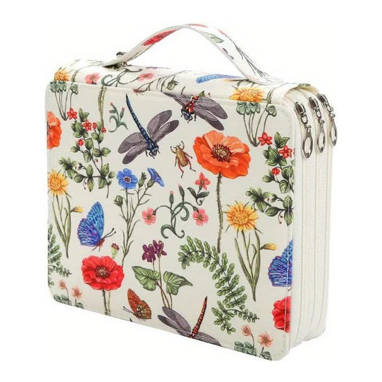 White Floral Design Portable Zippered Pencil Case - 3-Layer Large Capacity Organizer for Stationery & Art Supplies