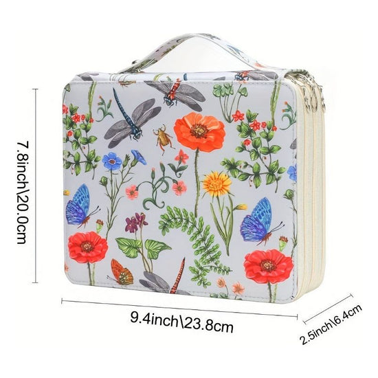 White Floral Design Portable Zippered Pencil Case - 3-Layer Large Capacity Organizer for Stationery & Art Supplies