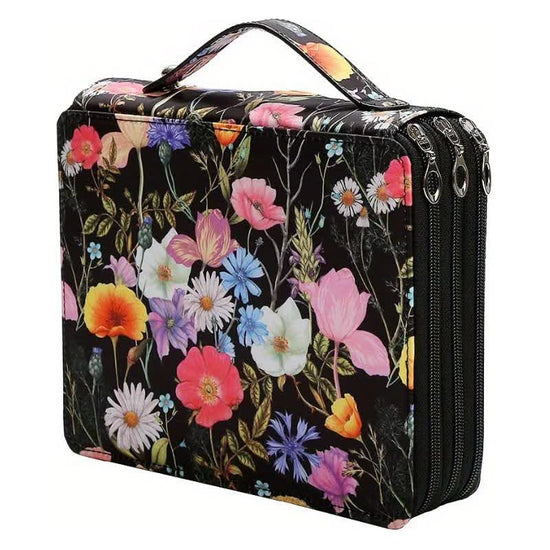 Black Floral Design Portable Zippered Pencil Case - 3-Layer Large Capacity Organizer for Stationery & Art Supplies