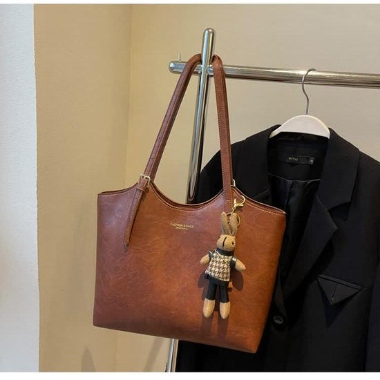 Brown Elegant Black PU Leather Bag with Cute Bear Keychain - Large Capacity Handbag for Women (38 x 26 x 13 cm)