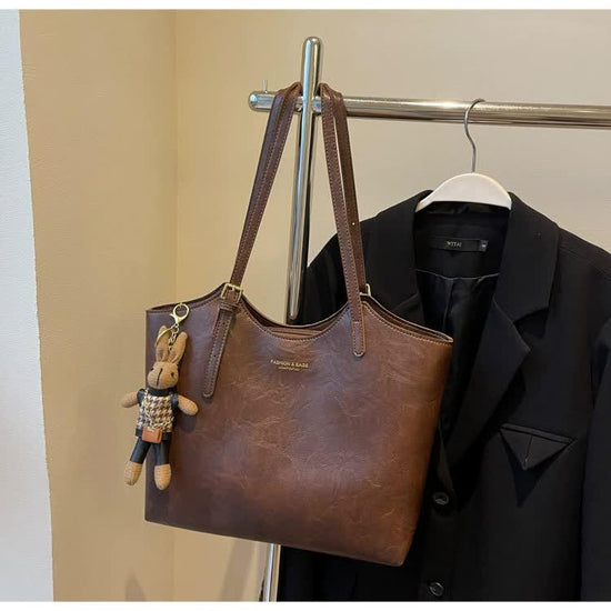 Coffee Brown Elegant Black PU Leather Bag with Cute Bear Keychain - Large Capacity Handbag for Women (38 x 26 x 13 cm)