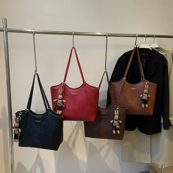 Coffee Brown Elegant Black PU Leather Bag with Cute Bear Keychain - Large Capacity Handbag for Women (38 x 26 x 13 cm)