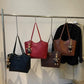 Coffee Brown Elegant Black PU Leather Bag with Cute Bear Keychain - Large Capacity Handbag for Women (38 x 26 x 13 cm)