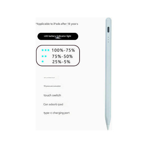White Stylus Pen for iPad (2018 & Later) - Tilt Pressure, Magnetic Attachment, LED Battery Indicator, Type-C Rechargeable
