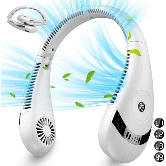 White Rechargeable 5000mAh Portable Neck Fan with 3-Speed Settings