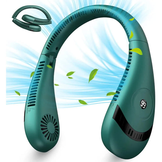 Green Rechargeable 5000mAh Portable Neck Fan with 3-Speed Settings