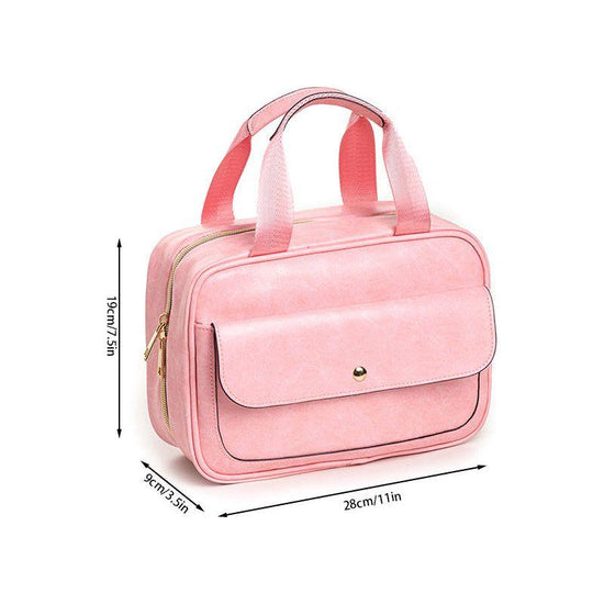 Pink Compact PU Leather Travel Toiletry Bag with Zipper Compartments