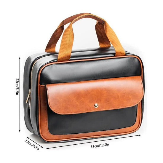 Black-brown Compact PU Leather Travel Toiletry Bag with Zipper Compartments